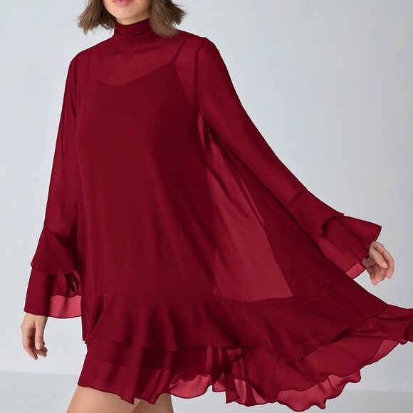 Burgundy Elegant Women's Stand Collar Long Sleeve flowy Short ruffled hem Dress - Picture 1 of 8